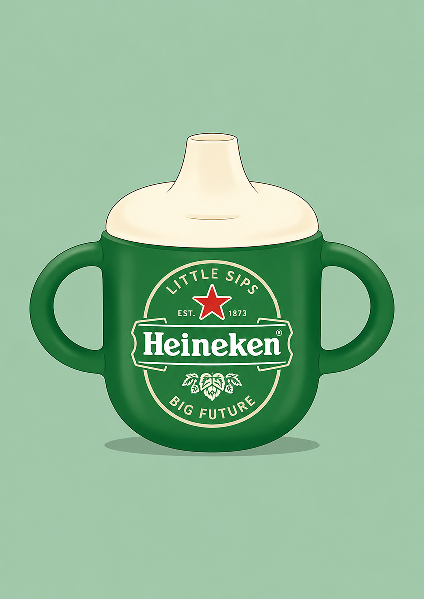 Minimalist graphic illustration of a baby sippy cup featuring a Heineken style logo